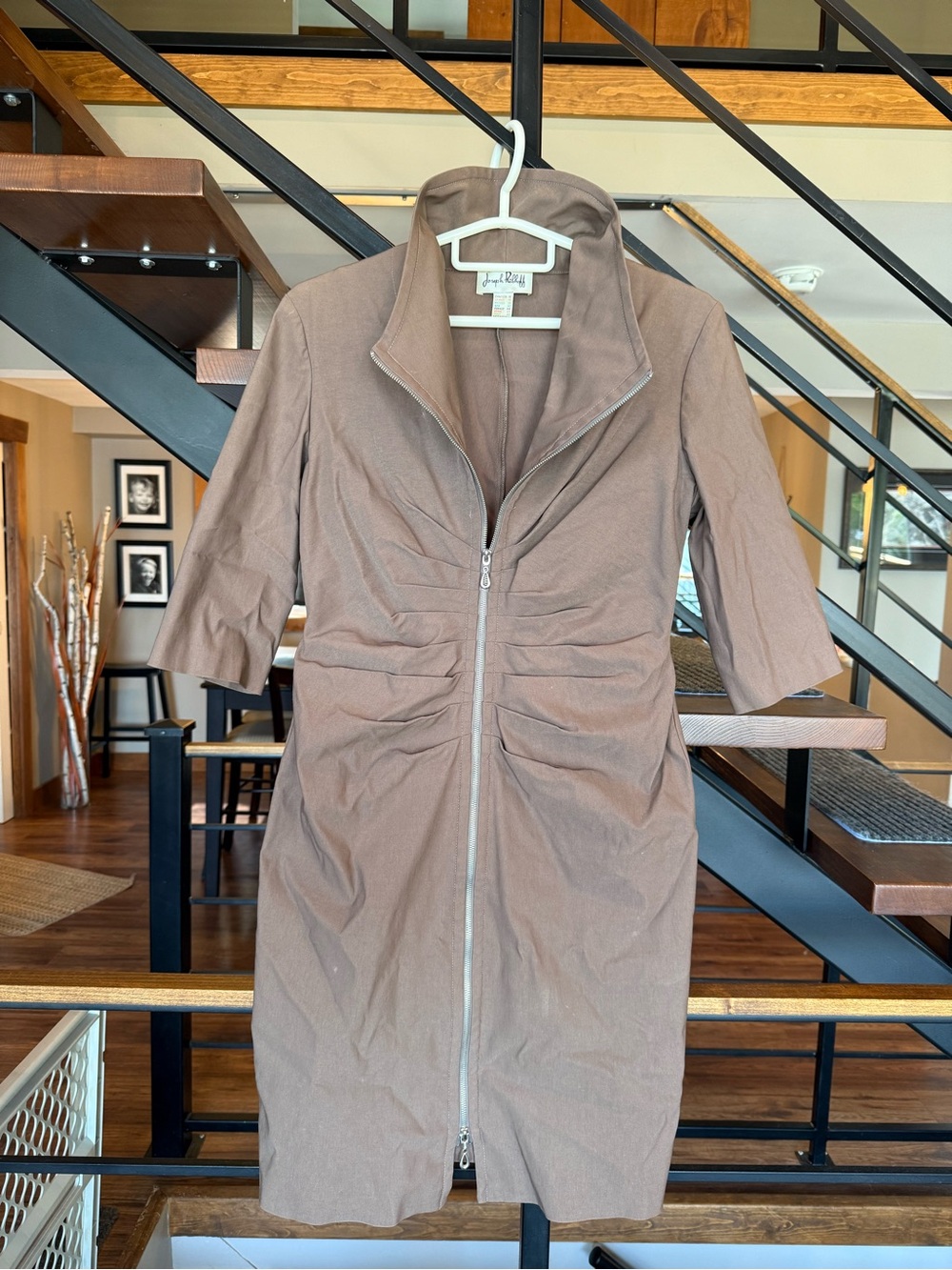 Vintage Joseph Ribkoff Taupe Zip-Front Midi Dress